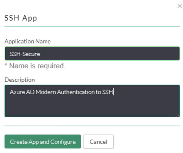 Screenshot of an SSH App dialog showing settings for Application Name and Description.