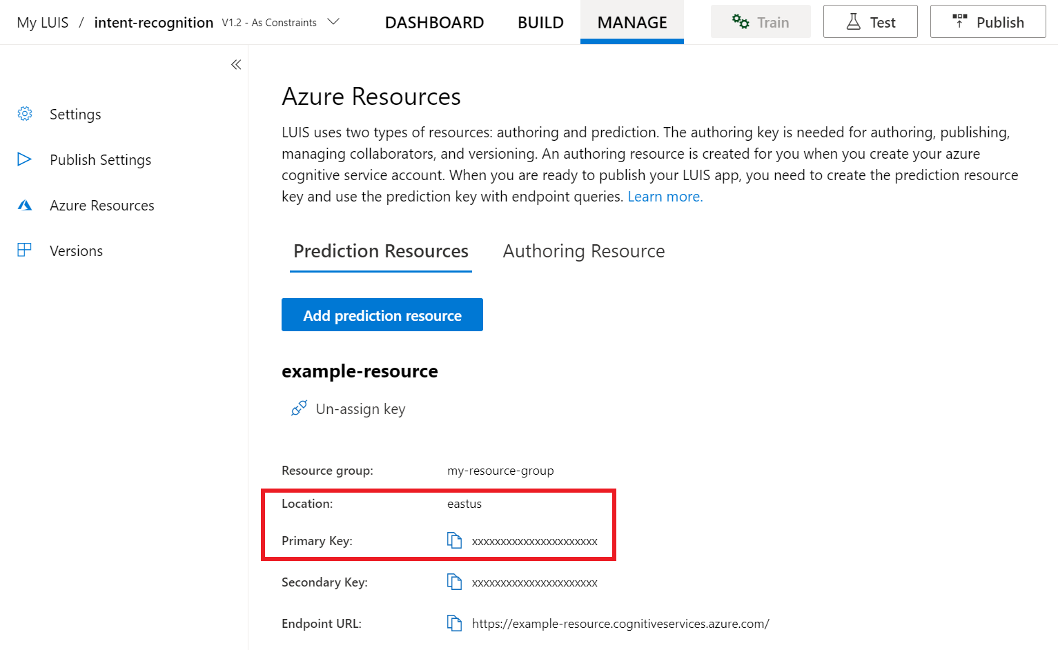 LUIS key and location