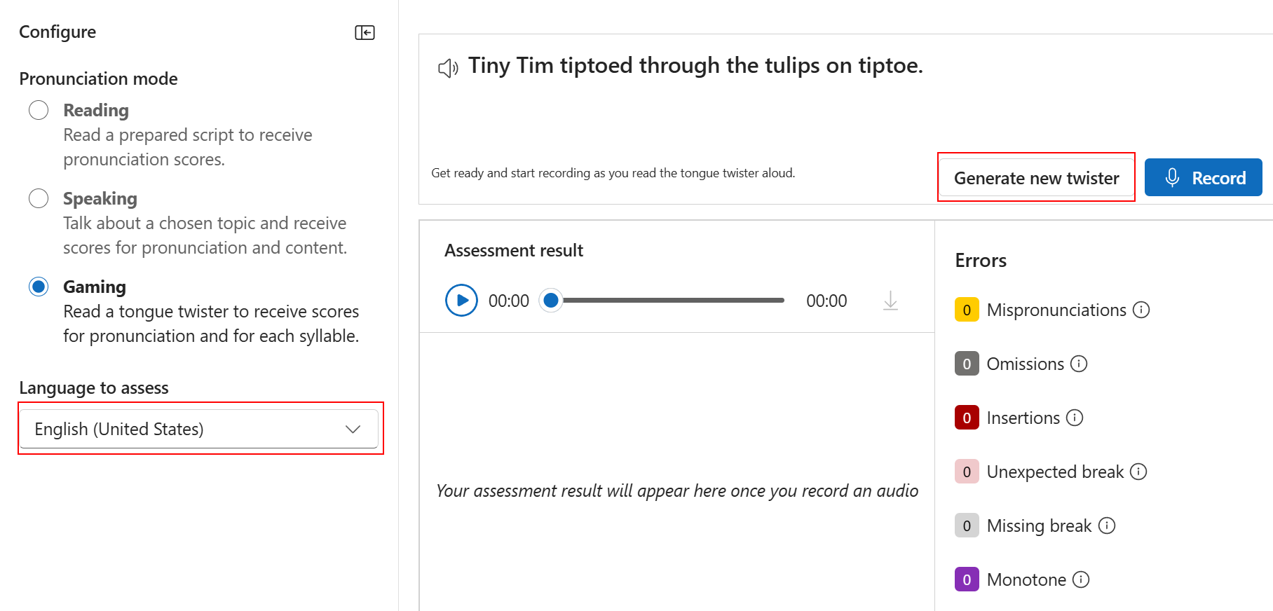 Screenshot of choosing a supported language on gaming tab and generate new tongue twister that you want to evaluate the pronunciation.