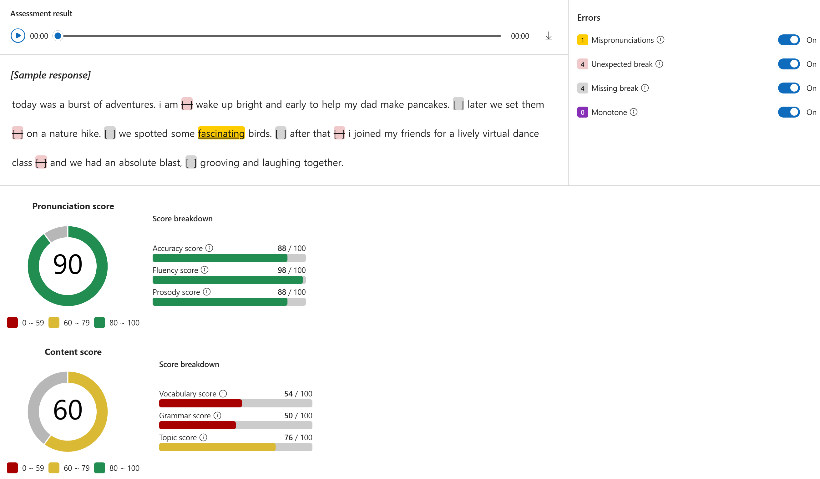 Screenshot of overall pronunciation score and overall content score in Microsoft Foundry.