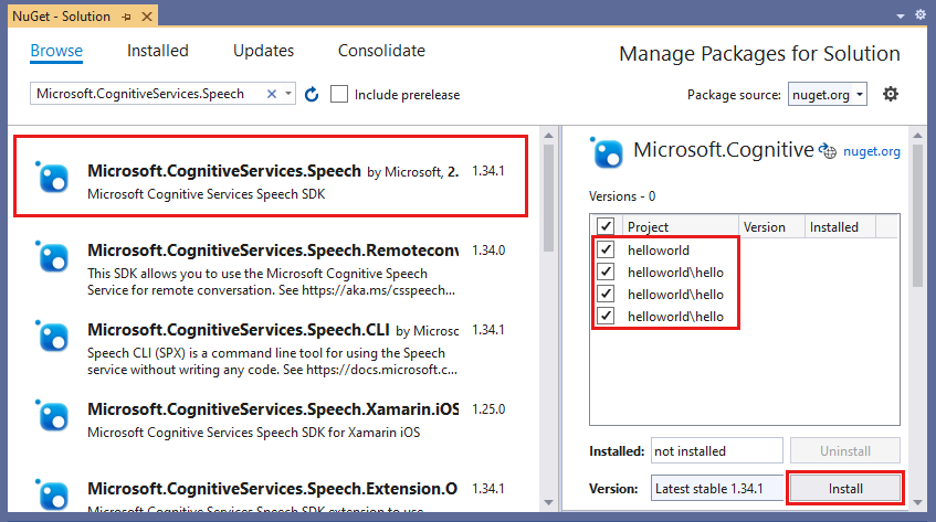Screenshot that highlights the Microsoft.CognitiveServices.Speech package.