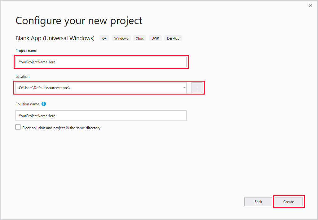Screenshot that shows the dialog box for configuring a new project, with boxes for project name and location and the Create button highlighted.