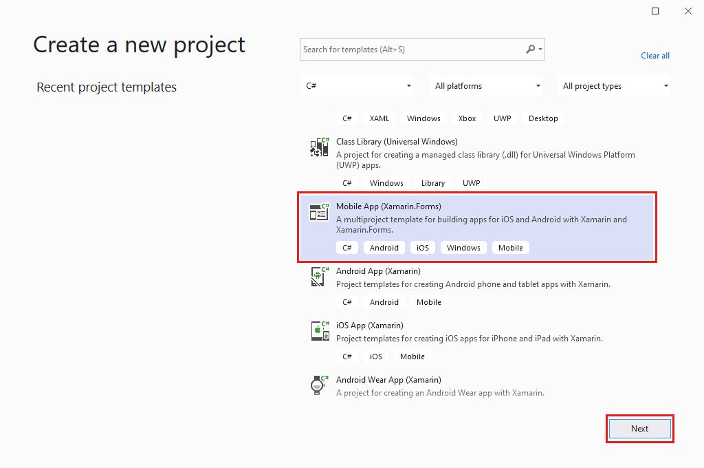 Screenshot that shows how to create a new project in Visual Studio.
