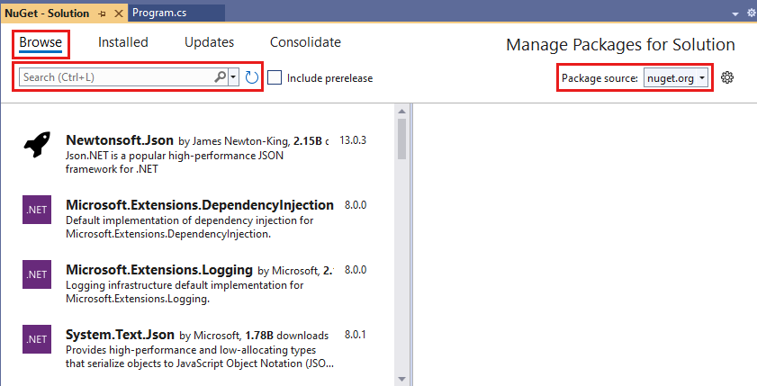 Screenshot that shows NuGet Package Manager.
