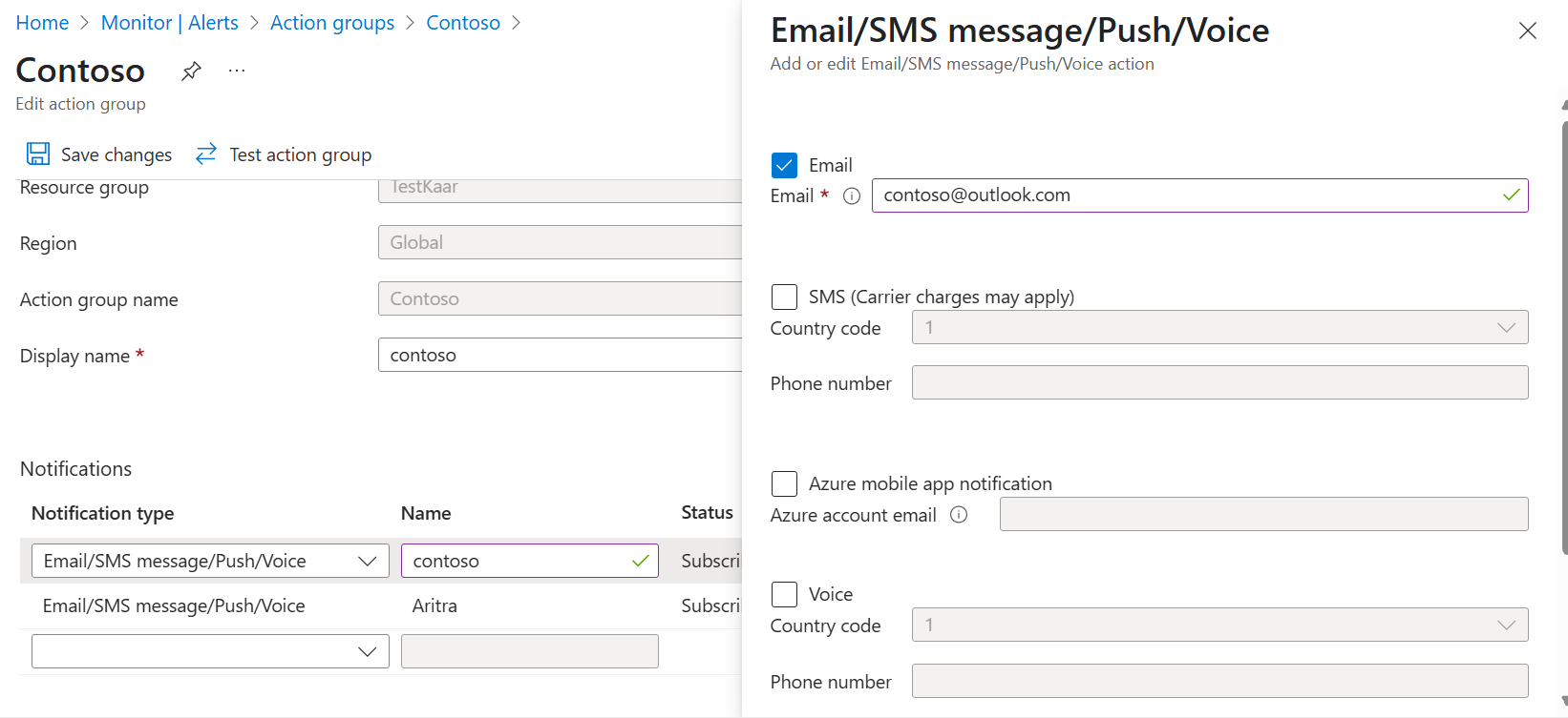 Screenshot of the pane for entering email information for an action group.