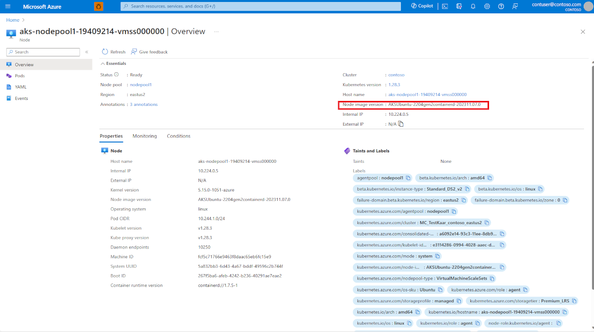 A screenshot of the nodes page for an AKS cluster in the Azure portal. The label for node image version clearly shows the base node image and the latest applied security patch date.