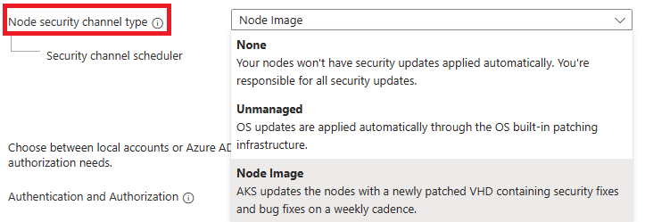 A screenshot of the Azure portal showing the node security channel type option in the Basics tab of the AKS cluster creation page.