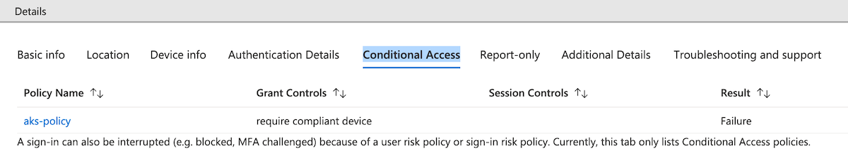 Screenshot that shows failed sign-in entry due to Conditional Access policy.