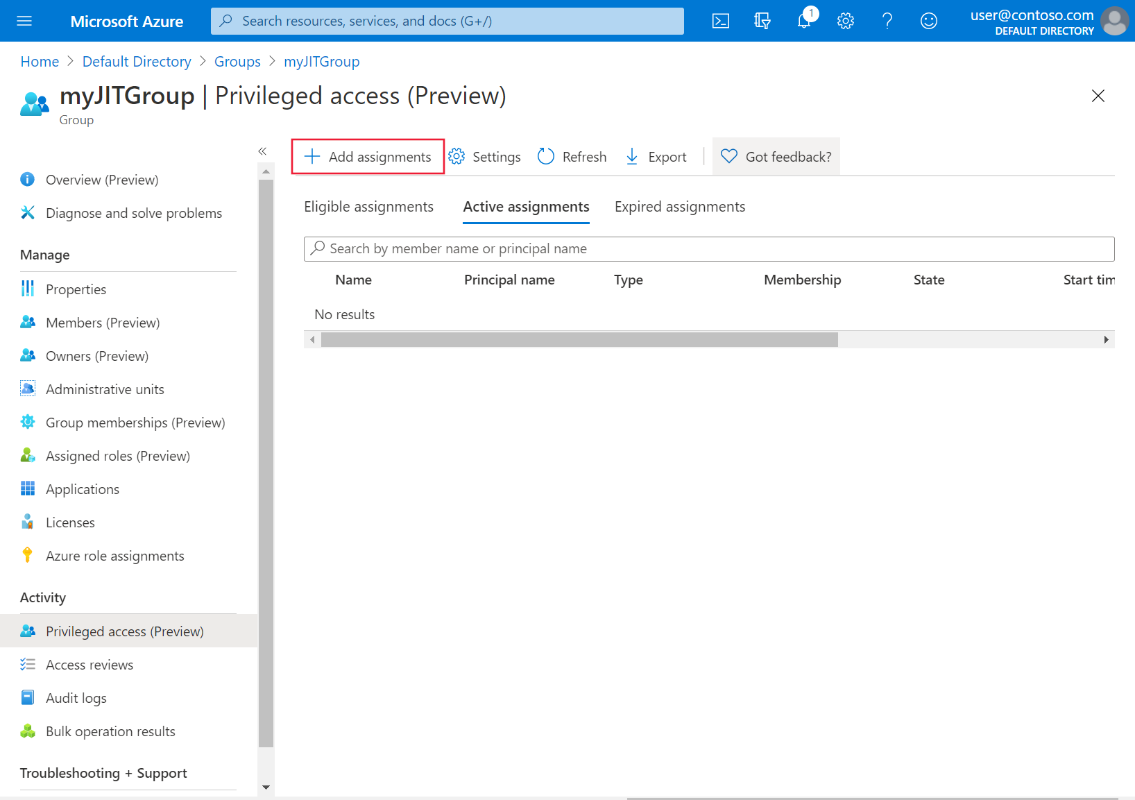 The Azure portal's Privileged access (Preview) screen after enabling is shown. The option to 'Add assignments' is highlighted.