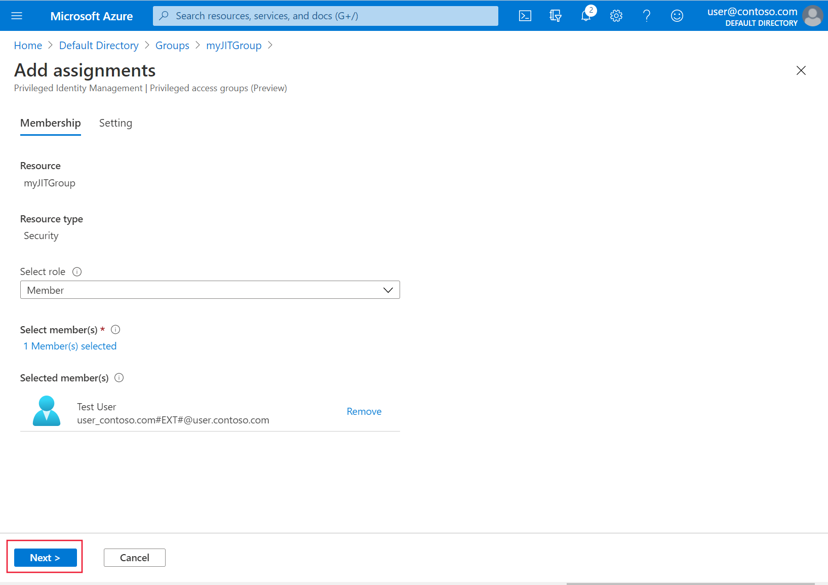 The Azure portal's Add assignments Membership screen is shown, with a sample user selected to be added as a member. The option 'Next' is highlighted.