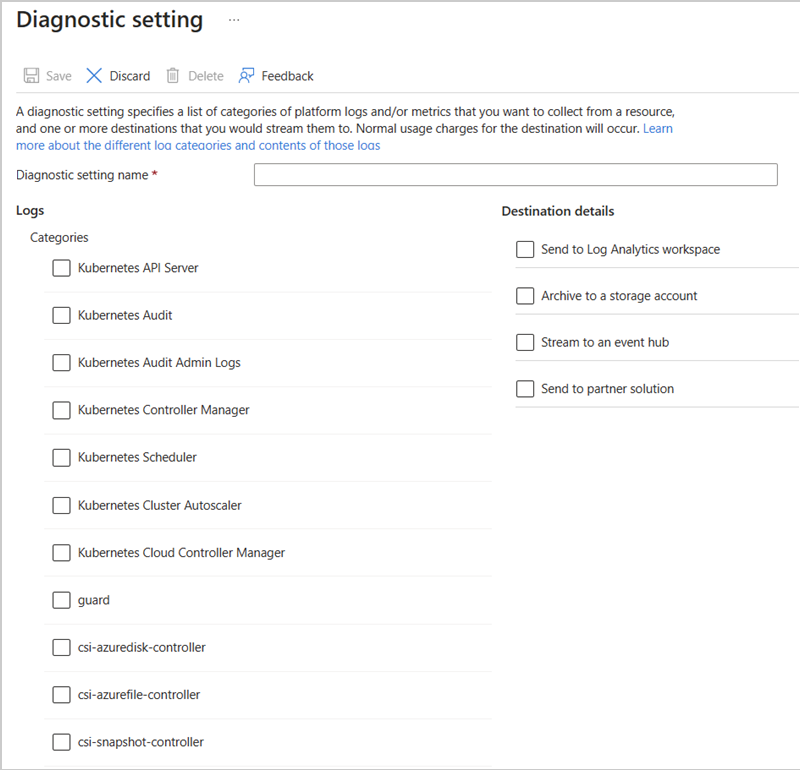 Screenshot of AKS diagnostic setting dialog box.