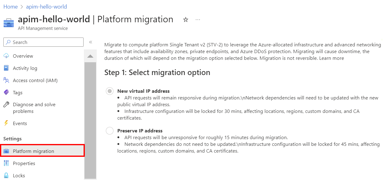 Screenshot of API Management platform migration in the portal.