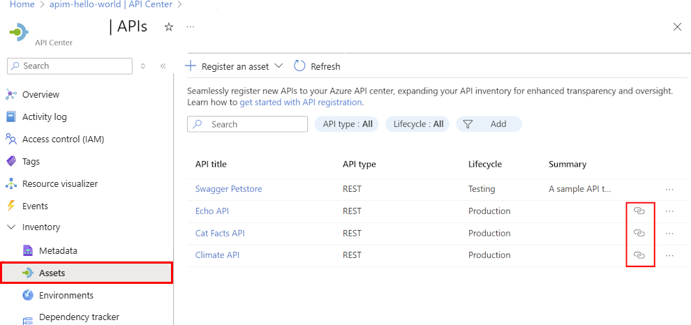 Screenshot showing an API Center instance in Azure portal with Assets highlighted in the sidebar menu and link icons emphasized in the main panel