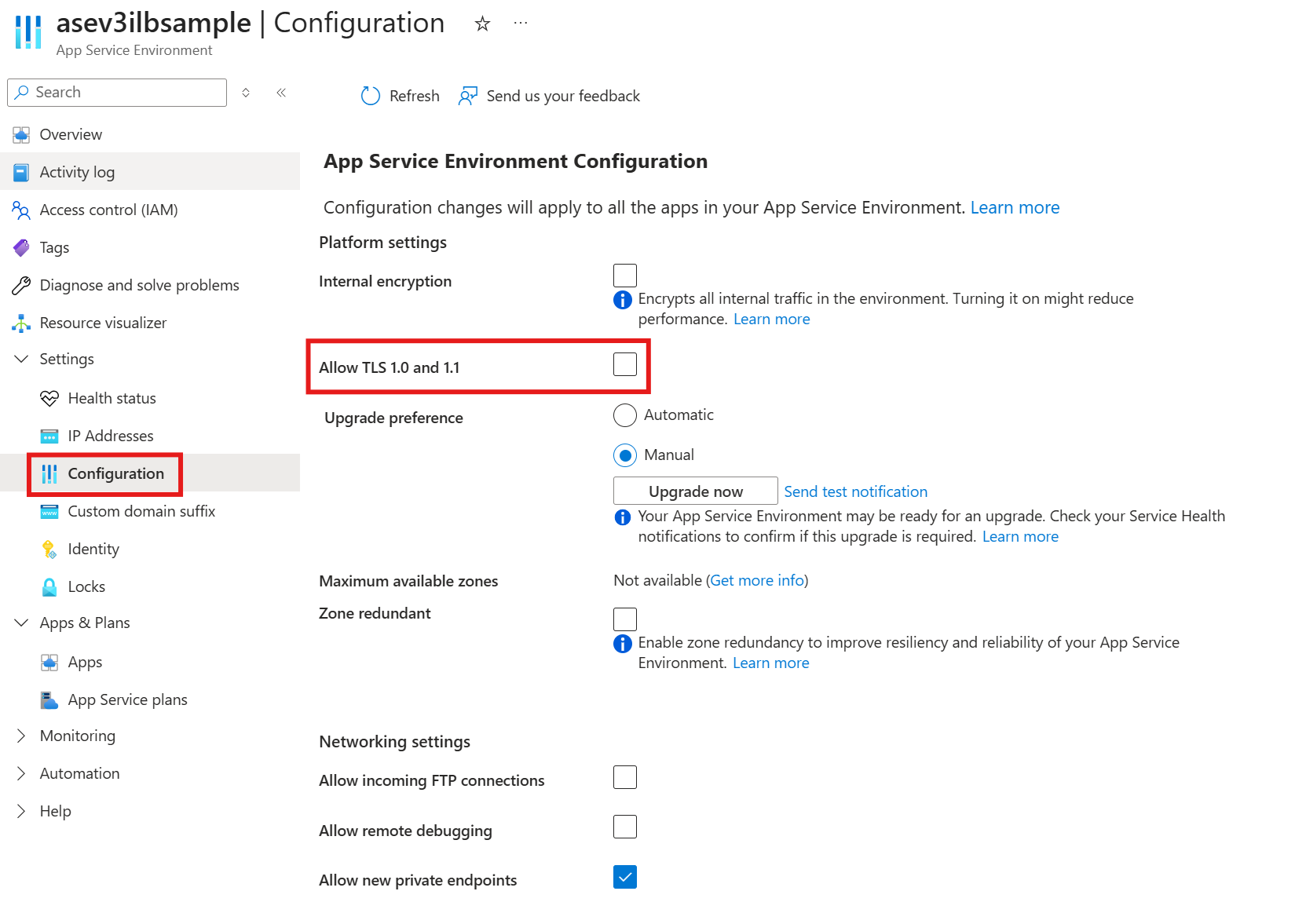 Screenshot of the Configuration page in the Azure portal for an App Service Environment showing where to disable TLS 1.0 and TLS 1.1.