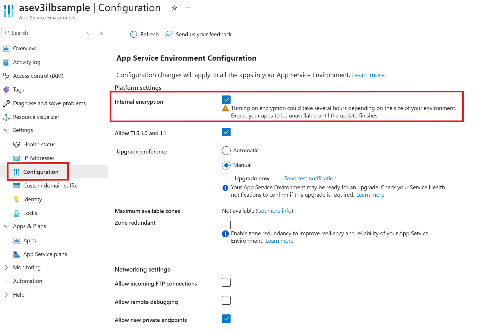 Screenshot of the Configuration page in the Azure portal for an App Service Environment showing where to enable internal encryption.