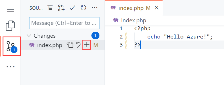 Screenshot of Visual Studio Code in the browser, highlighting the Source Control navigation in the sidebar, then highlighting the Stage Changes button in the Source Control panel.