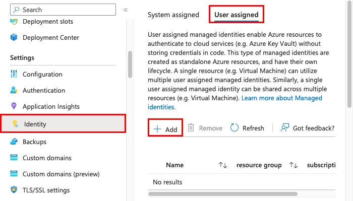 A screenshot showing how to add a user-assigned managed identity to a web app.