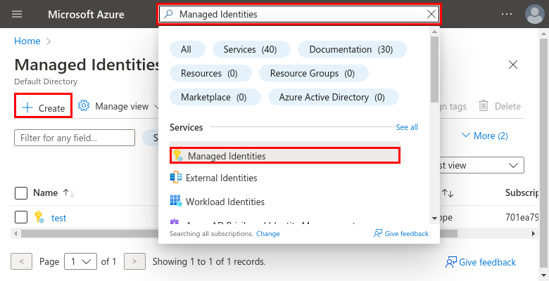 A screenshot showing how to use the search box in the top tool bar to find the managed identity creation wizard.