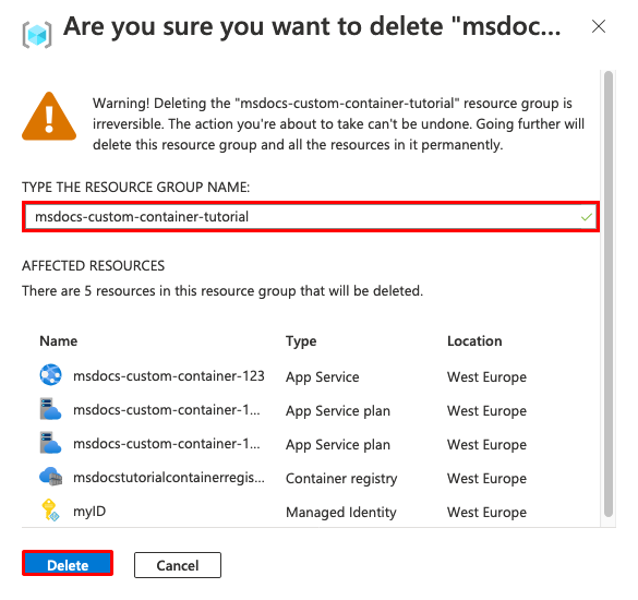 A screenshot of the confirmation dialog for deleting a resource group in the Azure portal.