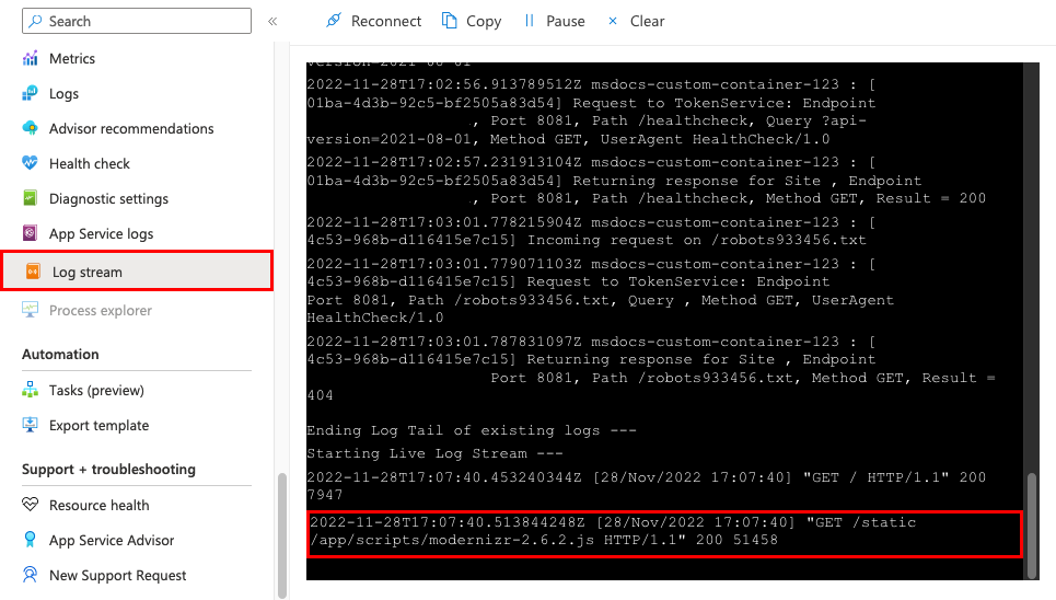 A screenshot showing log messages that contain the container's console output.