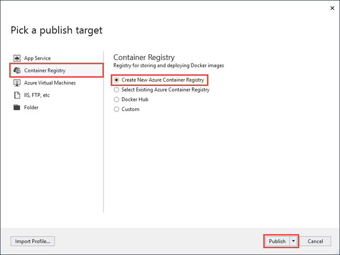 Screenshot of the publish wizard showing Container Registry, Create New Azure Container Registry, and the Publish button selected.
