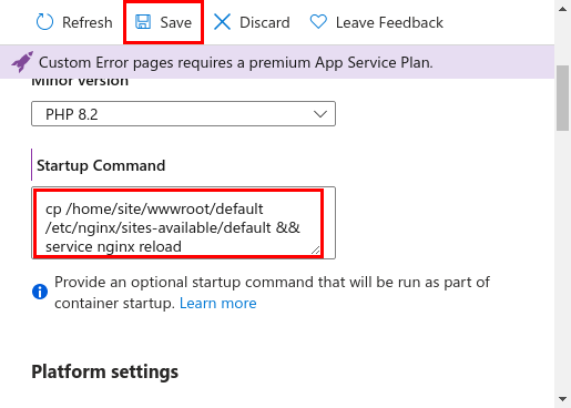 A screenshot showing how to configure a startup command in App Service.