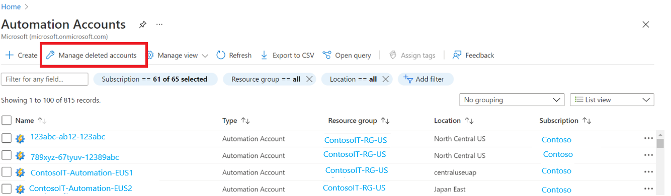 Screenshot showing the selection of Manage deleted accounts option.