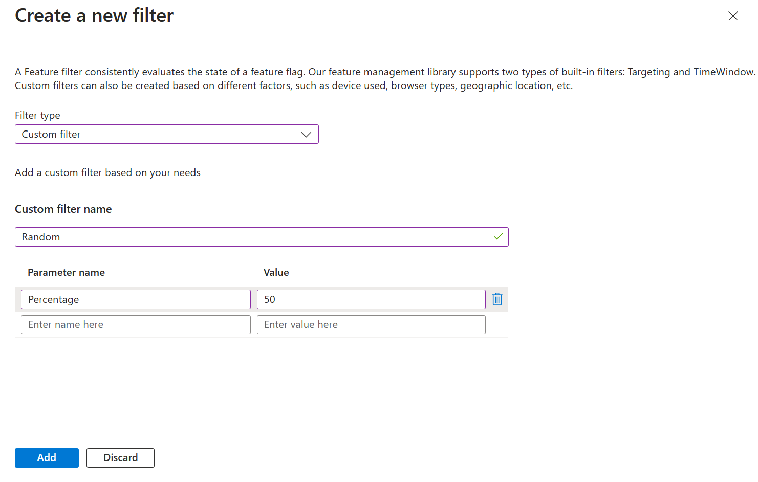 Screenshot of the Azure portal, adding paramters for the custom filter.