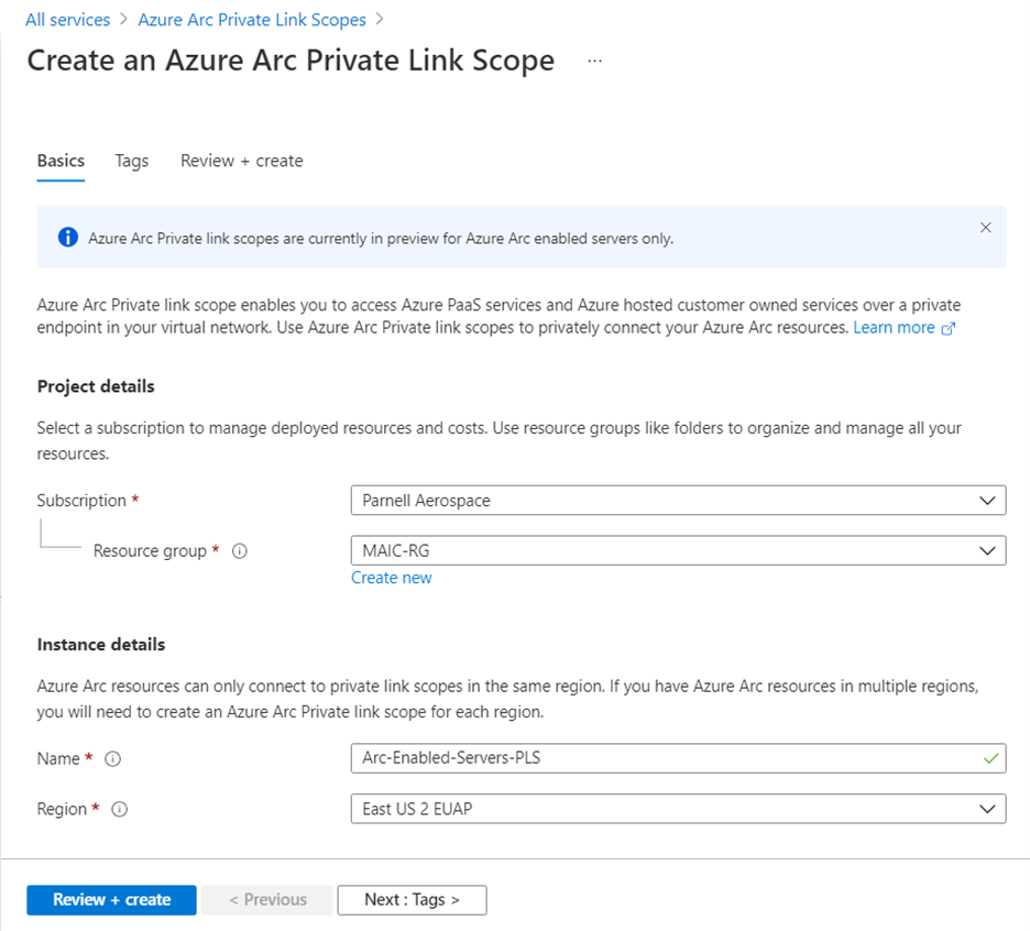 Screenshot of the Azure Arc Private Link Scope creation screen in the Azure portal.