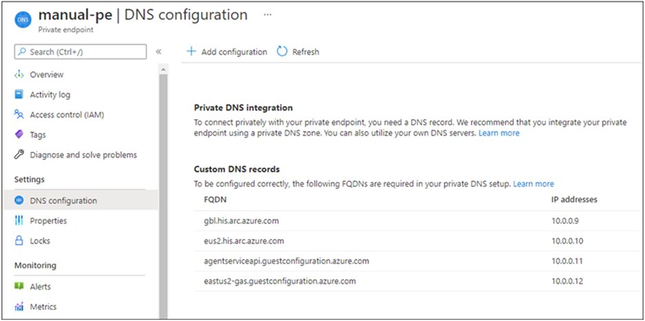Screenshot showing manual DNS server configuration in the Azure portal.