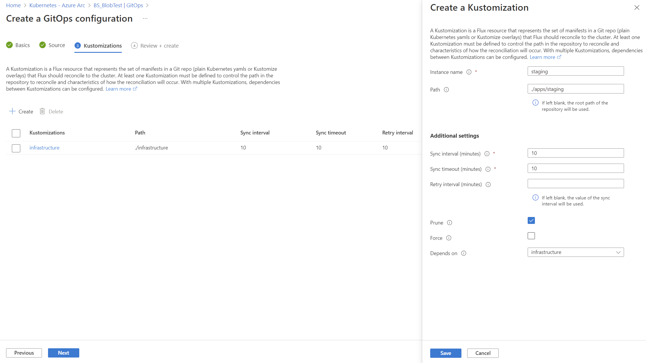 Screenshot showing the options to create the staging kustomization in the Azure portal.