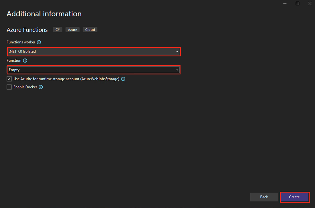 Screenshot of the Create a new Azure Functions Application dialog in Visual Studio.