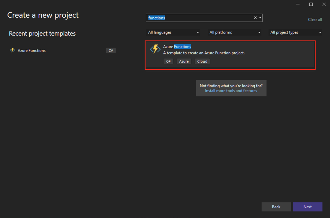 Screenshot of the New project dialog in Visual Studio.