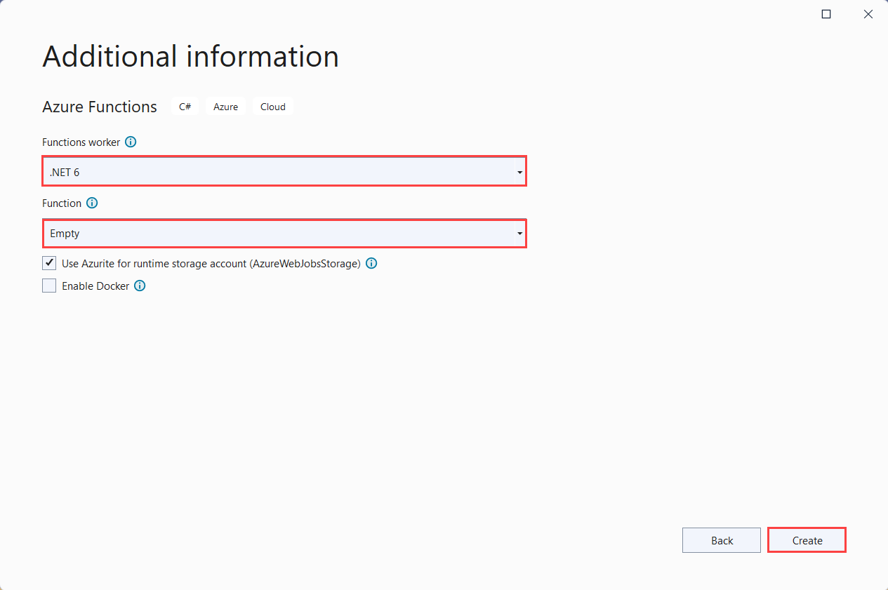 Screenshot of create a new Azure Functions Application dialog in Visual Studio.