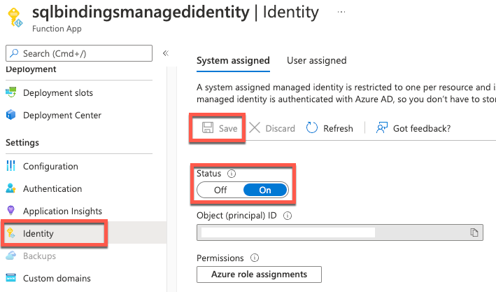Turn on system assigned identity for Function app