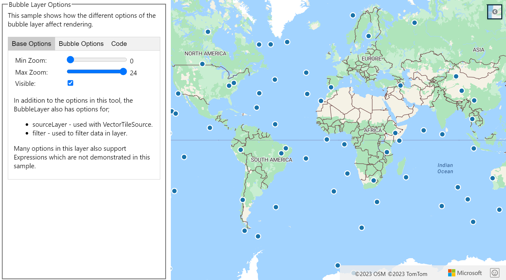 Screenshot showing the Bubble Layer Options sample that shows a map with bubbles and selectable bubble layer options to the left of the map.