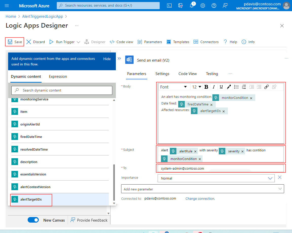 Screenshot that shows the Parameters tab on the Send an email pane.