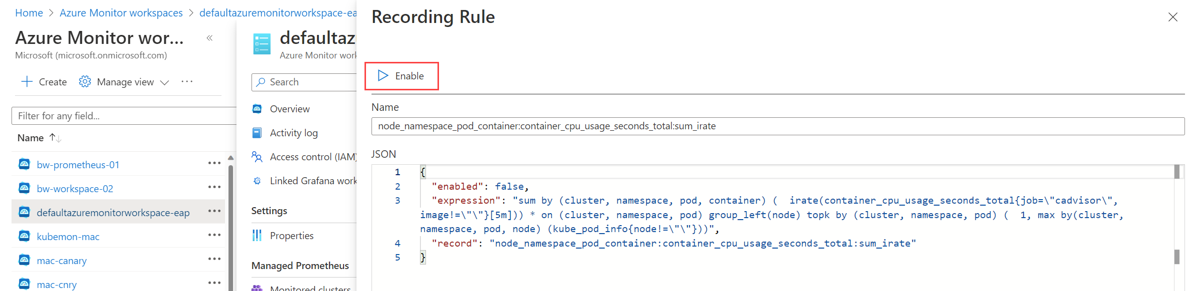 Screenshot of Prometheus rule detail with enable option.