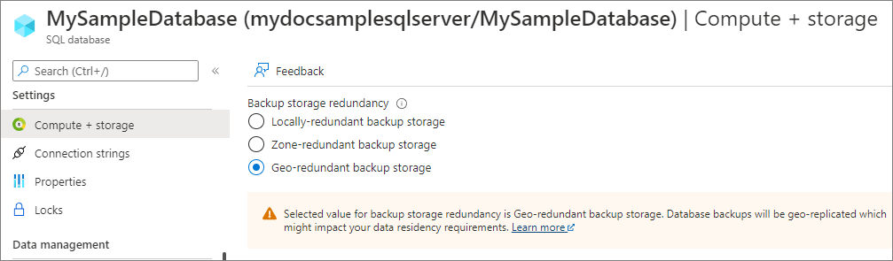 Screenshot of the Azure portal that shows where to change the backup storage redundancy for existing databases.