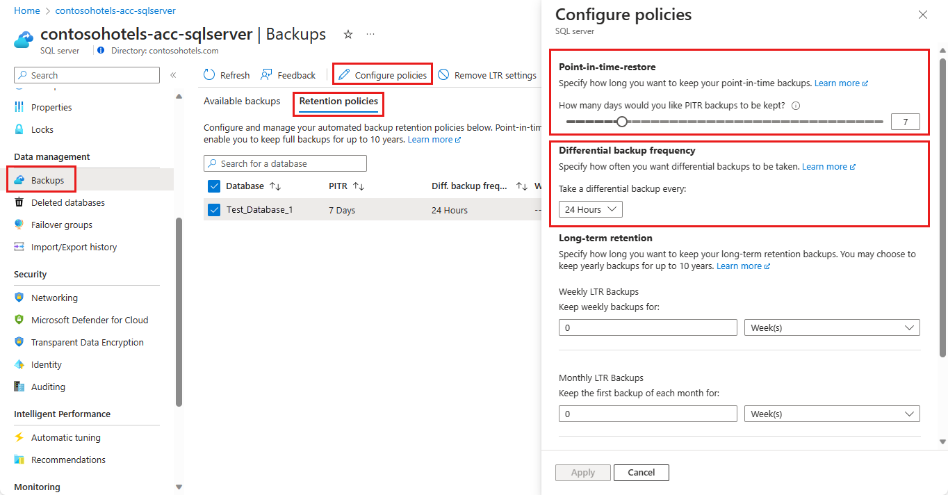 Screenshot of the Azure portal, where you can change the PITR retention settings at the server level. 