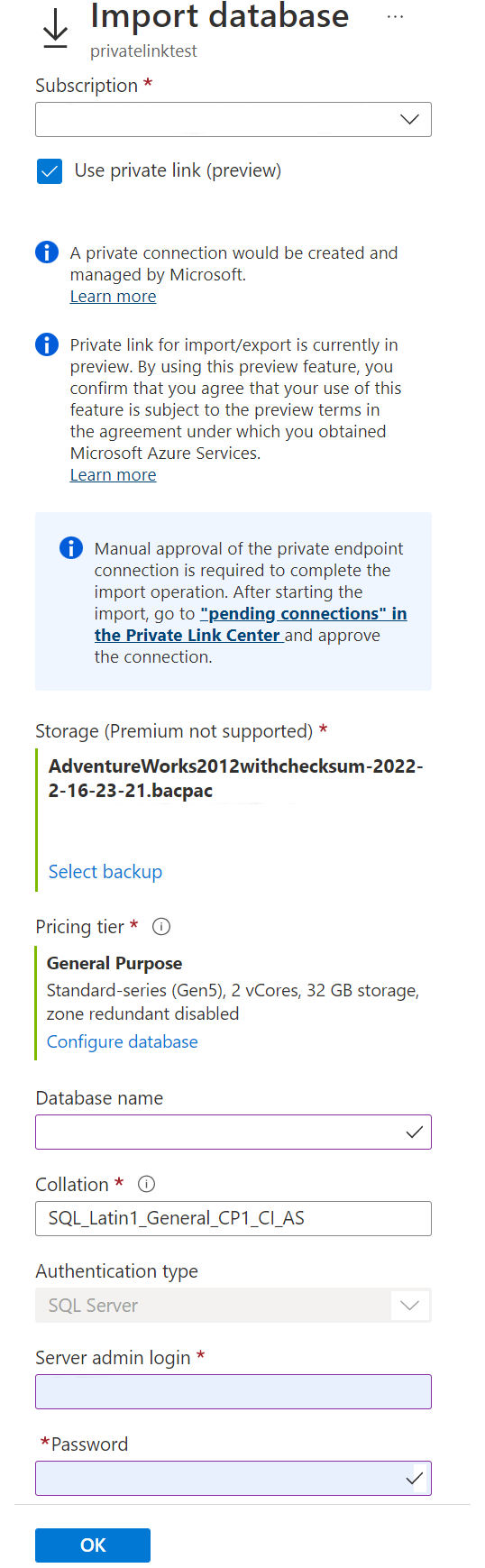 Screenshot from the Azure portal that shows how to enable Import Private link.