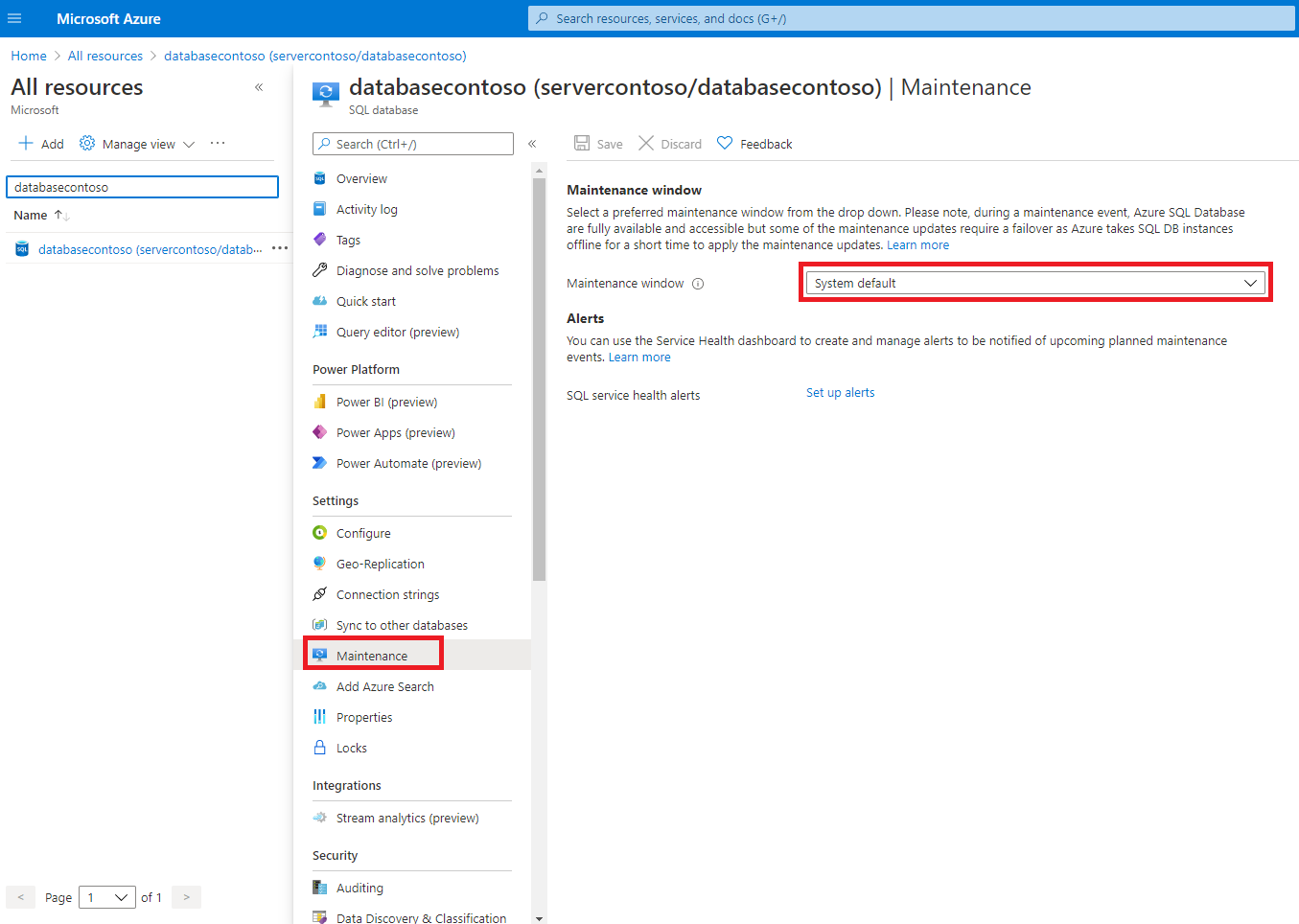 Screenshot from the Azure portal of the SQL database Maintenance page.