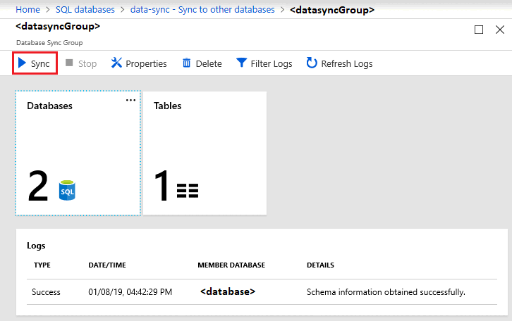 Screenshot from the Azure portal showing the manual sync button for a Database Sync Group.