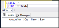 Screenshot of the Results tab in the S S M S Object Explorer showing the table column headers AccountNum, City, Name, and State.