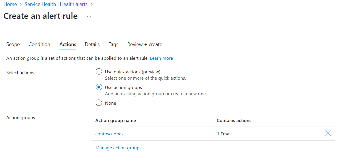 Screenshot of the Azure portal page where you add or create action groups.