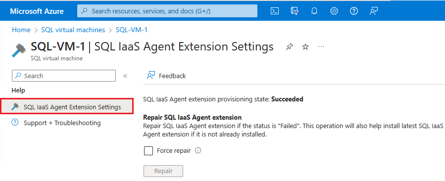 Screenshot of the SQL IaaS Agent extension settings page of the SQL virtual machines extension in the Azure portal showing where to repair the extension.