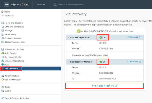 Screenshot showing vSphere Client with the vSphere Replication and Site Recovery Manager installation status as OK.