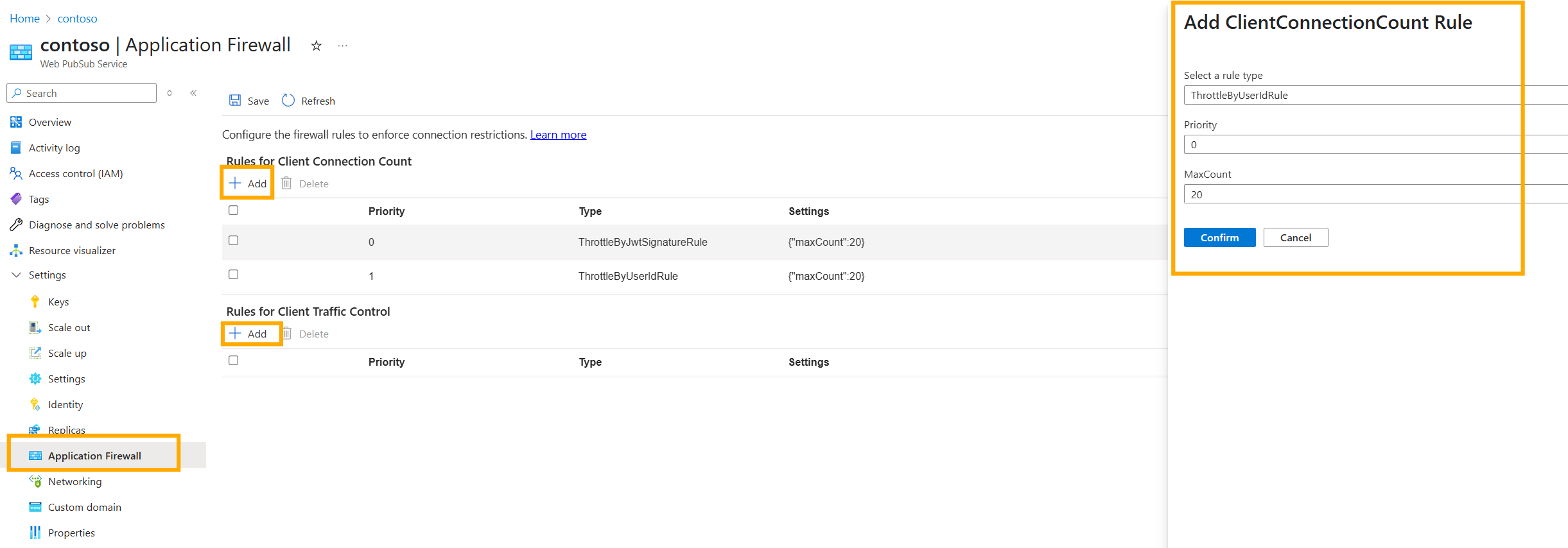 Add rule Screenshot of adding application firewall rules for Azure Web PubSub on Portal.