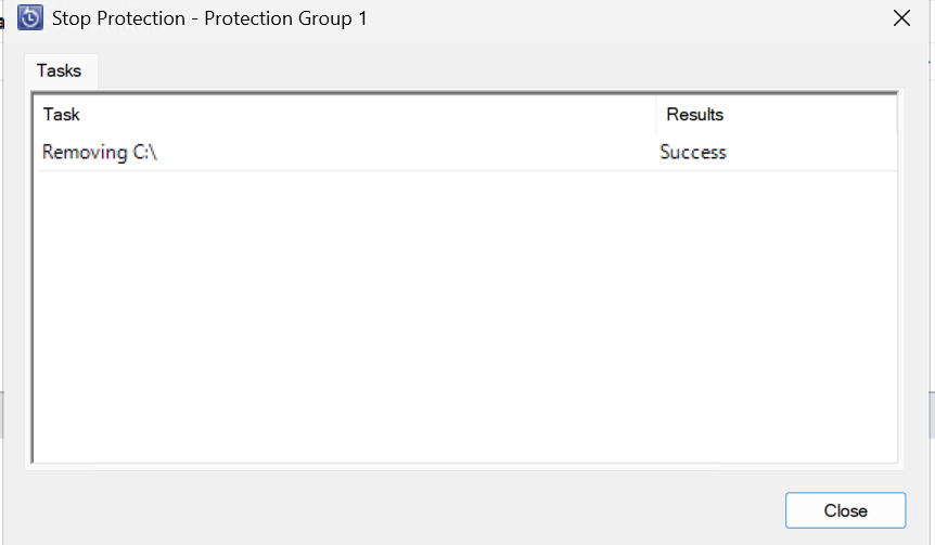 Screenshot that shows the Stop protection operation completion.