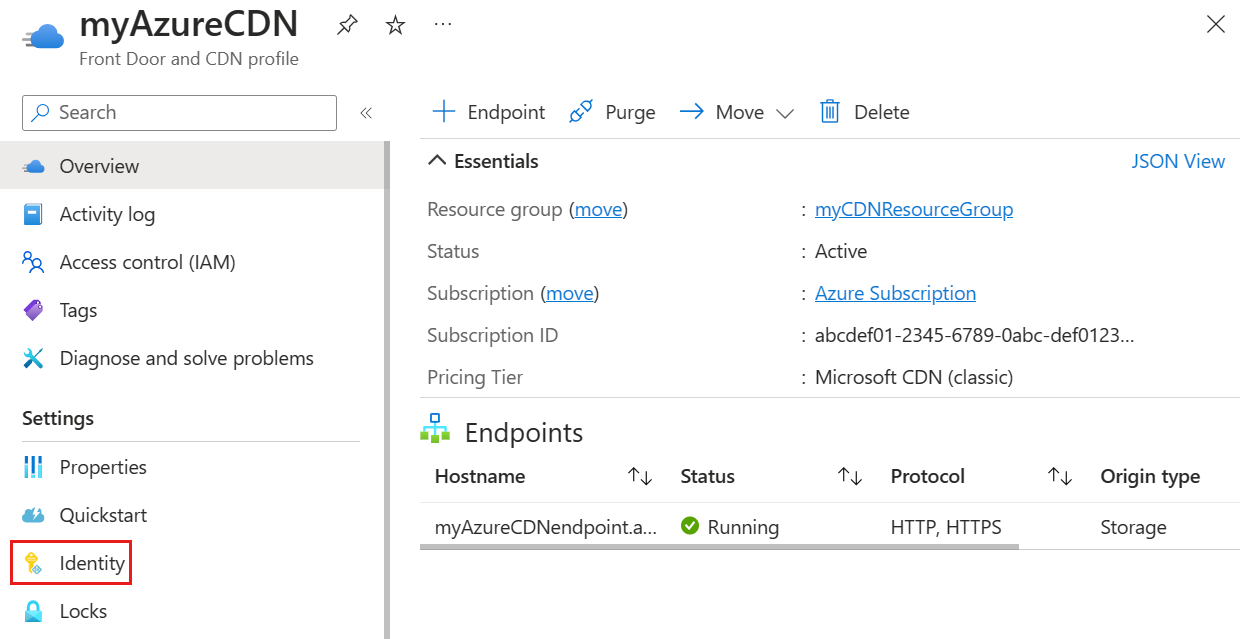 Screenshot of the identity button under settings for a content delivery network profile.